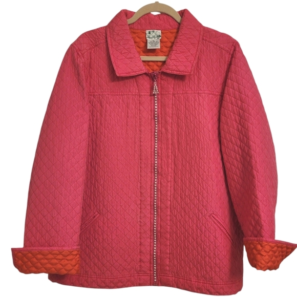 Quacker Factory XL SILK Vibrant Pink Orange lined Quilted Jacket bling zipper - Picture 1 of 11